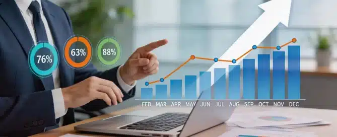 A business owner reviewing charts and graphs from financial reports on a laptop.